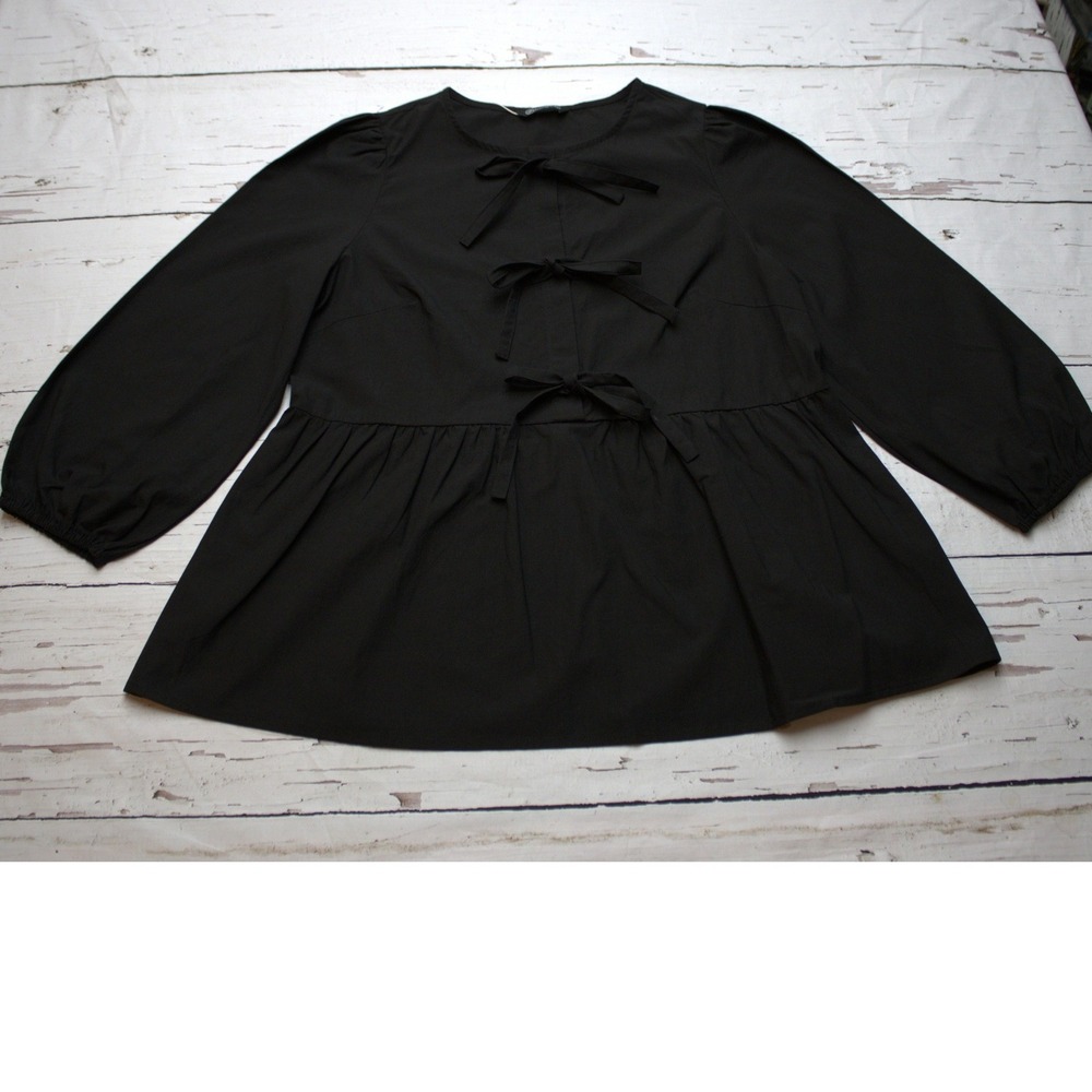 PrettyGarden Black Bow Front Peplum Blouse Long Sleeve Babydoll Top Medium
